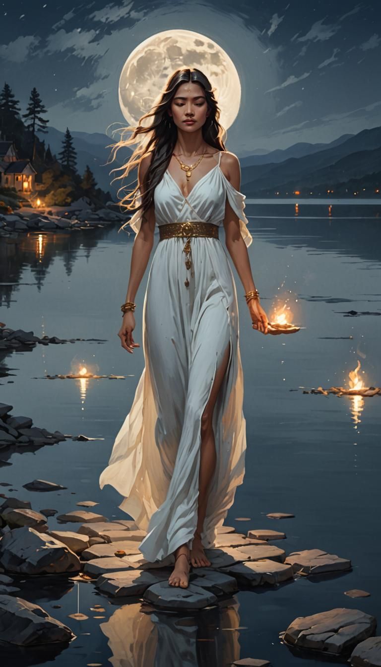Woman Walks on Water at Night: Hyperdetailed Digital Art