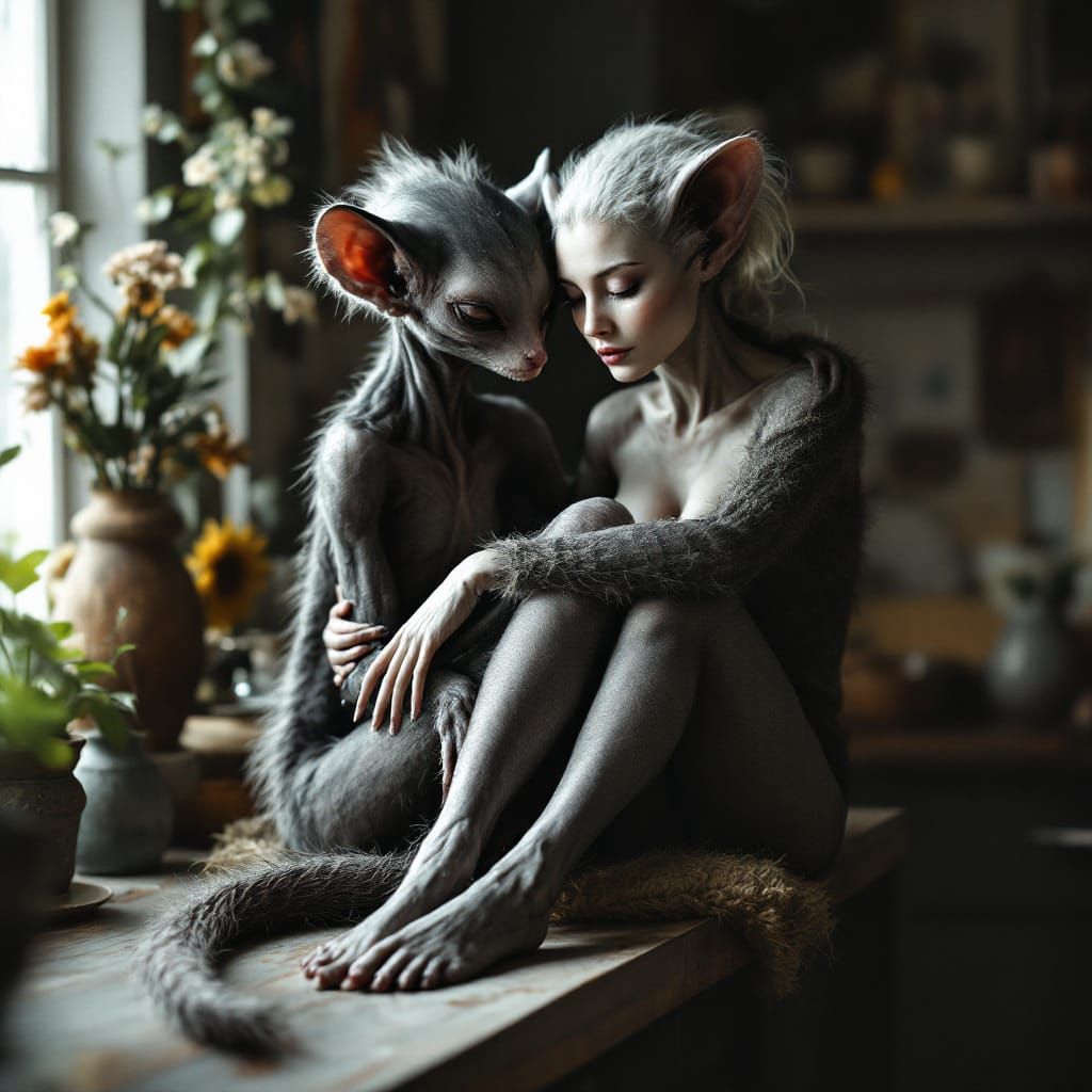 Alien Sylph and Woman in Art-Filled Home