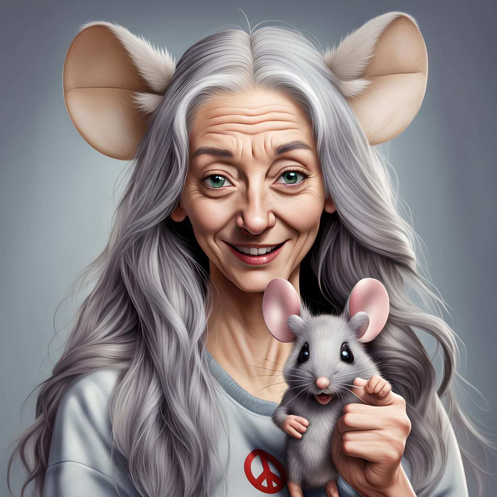 Mouse-Headed Woman Giving Peace Sign, Surreal Portrait