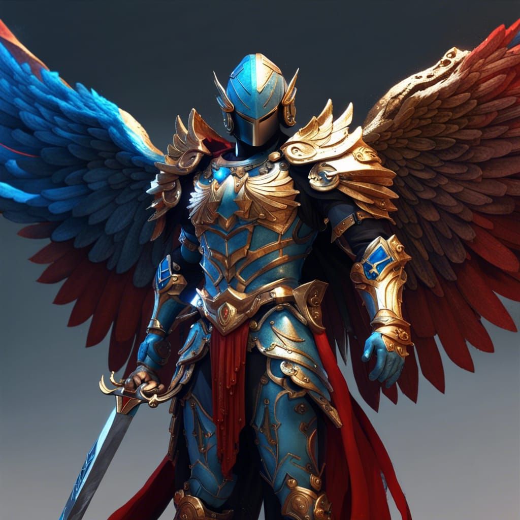 Warrior Angel With Blue Wings in Golden Armor