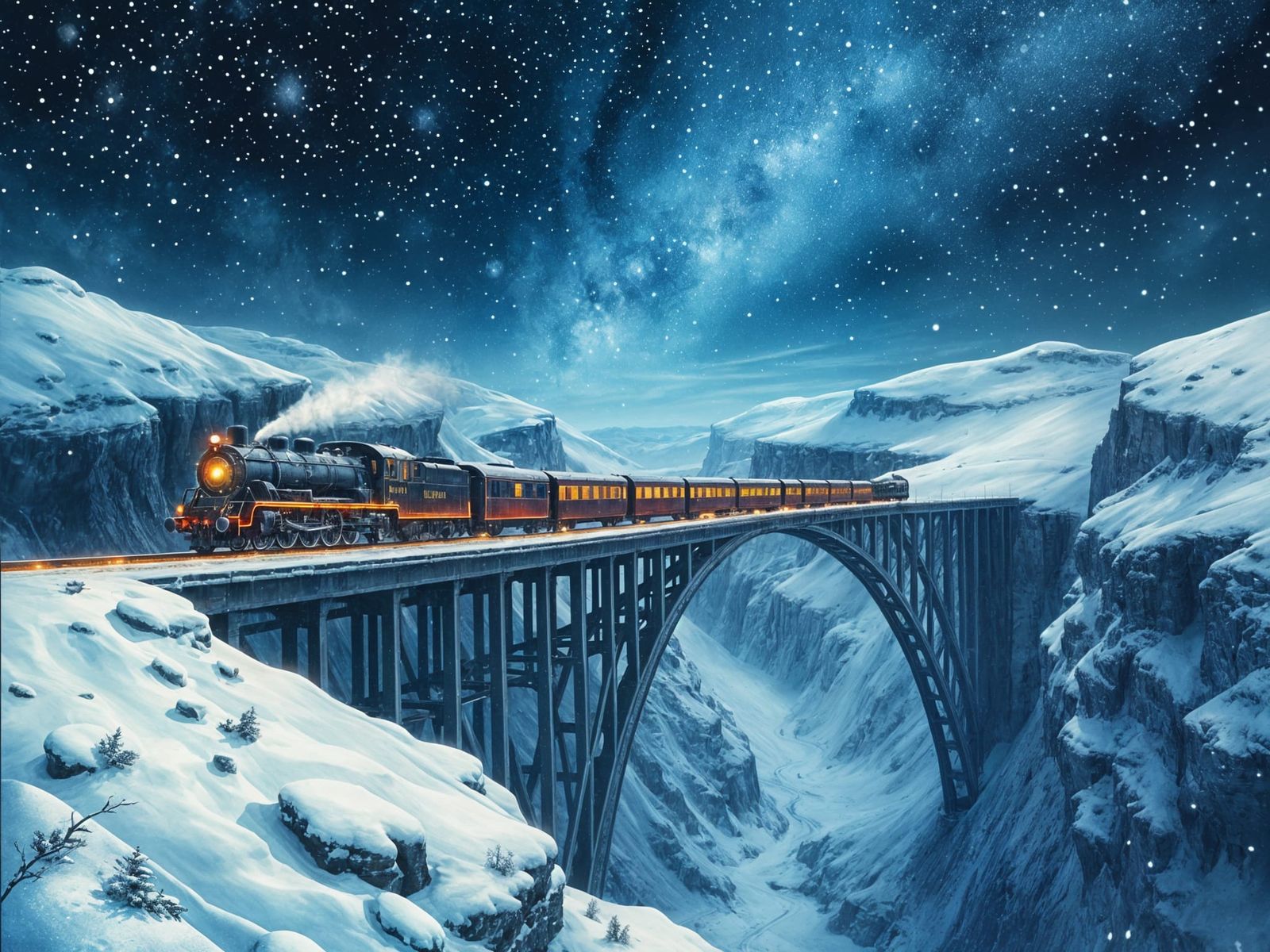 Vintage Christmas Train Crosses Arctic Tundra Bridge