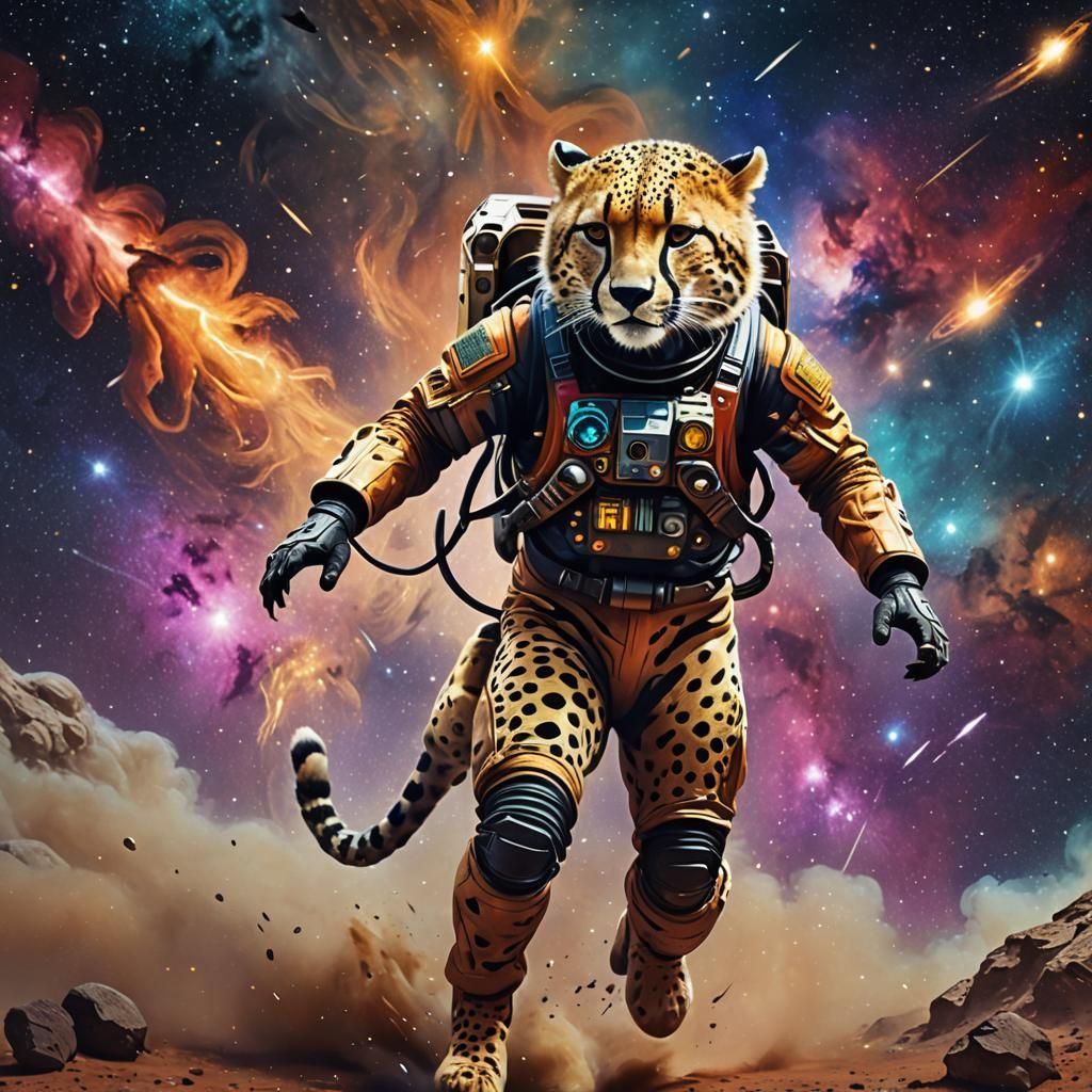 Cheetah in Spacesuit Running Through Nebula
