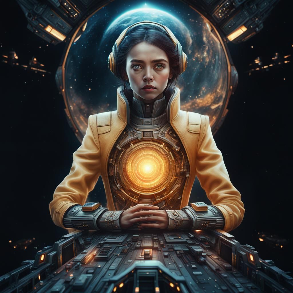 Intricate Spaceship Scene with Questioning Woman