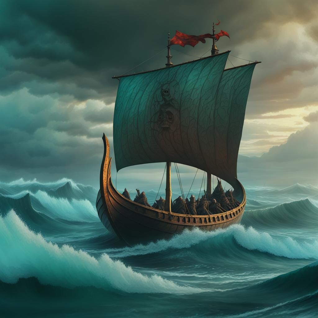 Viking Longship on Tidal Wave: Abstract Digital Art