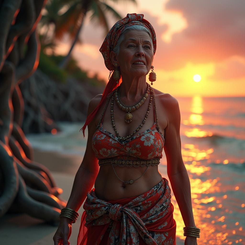 Fierce Matriarch on Bioluminescent Island in 8k