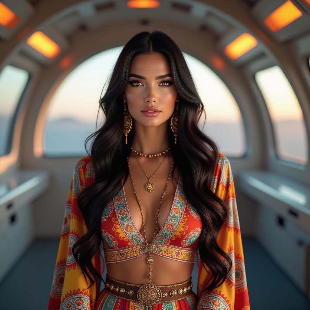 Retro Hippie Woman on Starship in Golden Hour Light