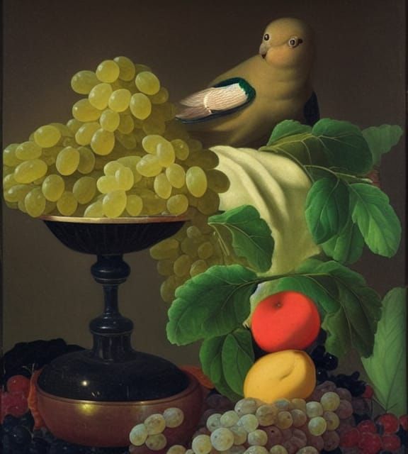 Still Life with Fruit and Parakeet: Oil Painting