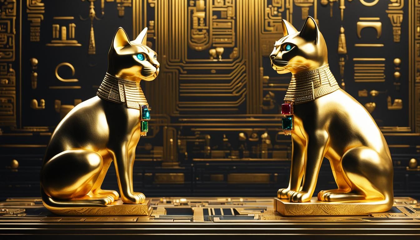 Cybernetic Egyptian Cat Statues with Hieroglyphs
