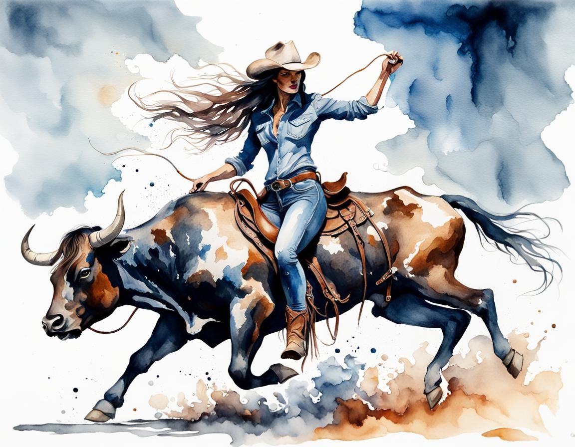 Cowgirl Rides Bull in Wet-on-Wet Watercolor