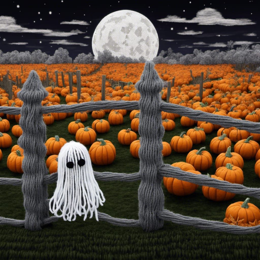 Ghostly Pumpkin Field in Crochet Yarn Art