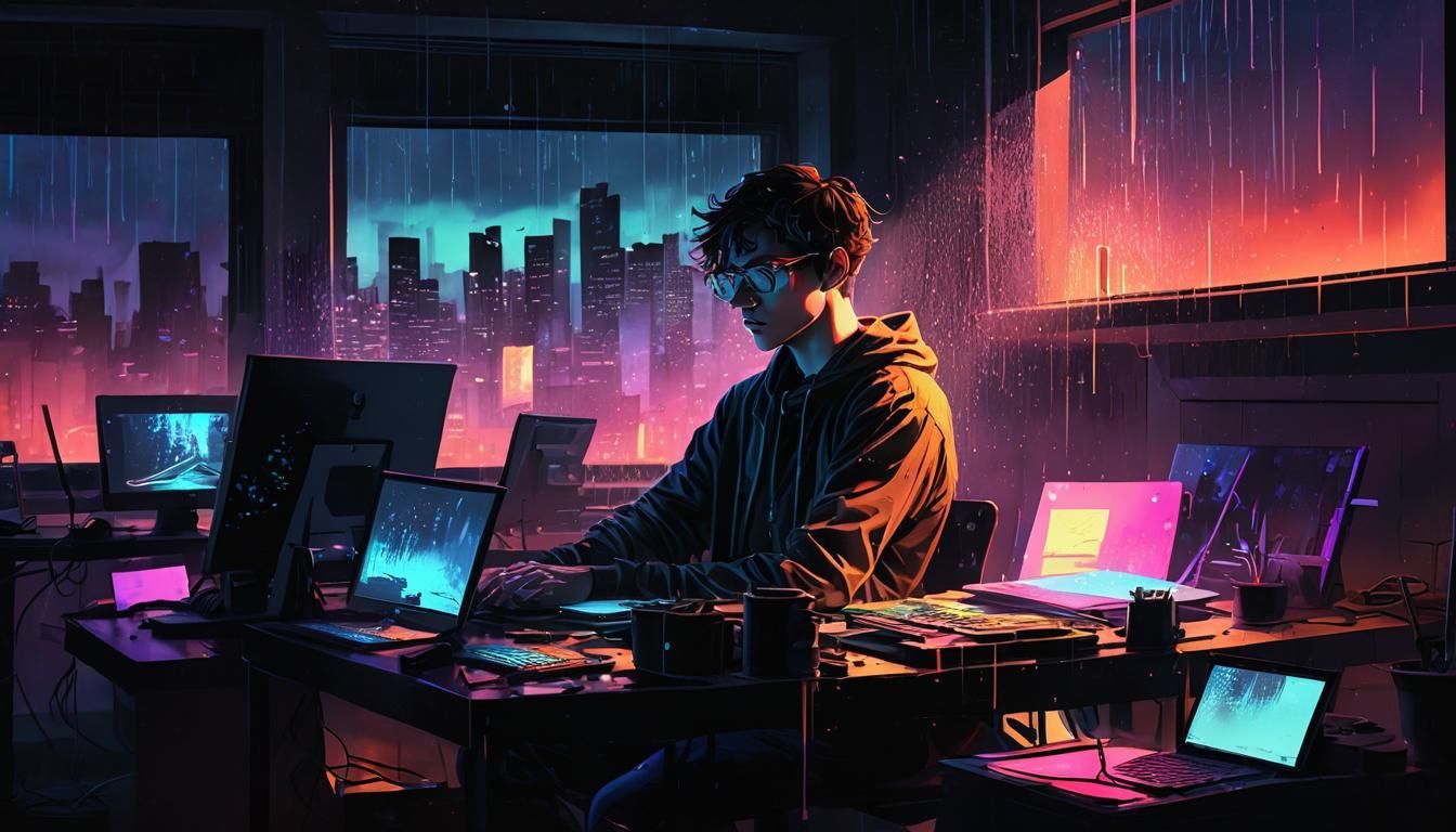 Neon Lit Young Man Working: Digital Art
