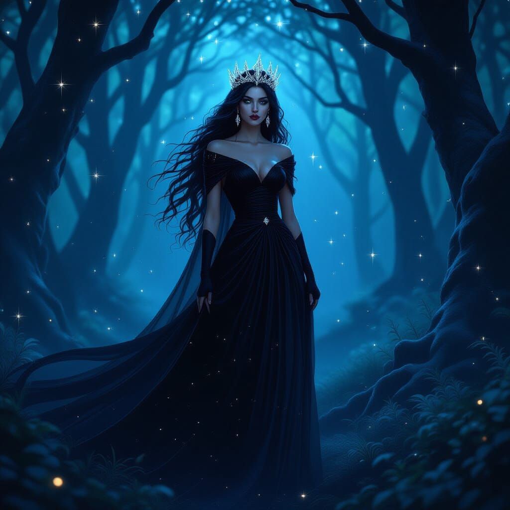 Goddess Nyx in Mystical Forest, Digital Painting