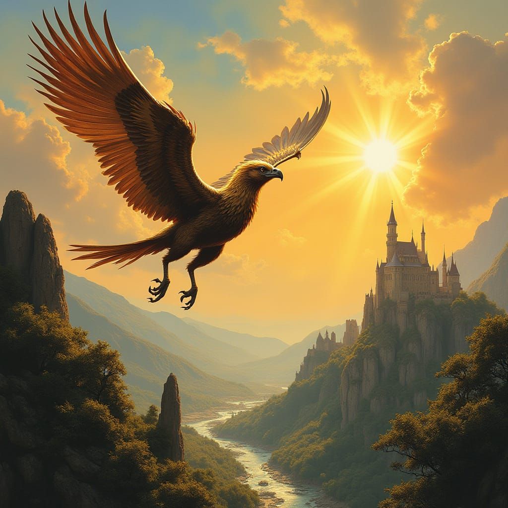 Griffin Soaring Above Fantasy Landscape