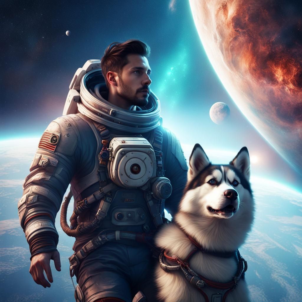 Man and Husky in Space: Detailed Matte Painting