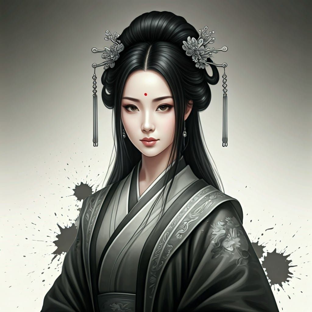 Serene Woman in Chinese Ink Painting Style