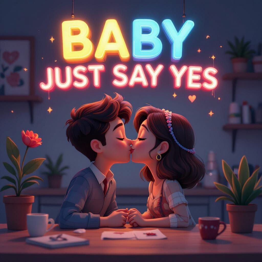 Stylized Couple Kissing Under 3D Text, Pixar Style