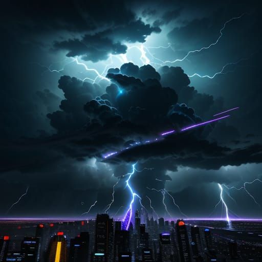 Futuristic Cityscape Illuminated by Pulsating Thunderbolt