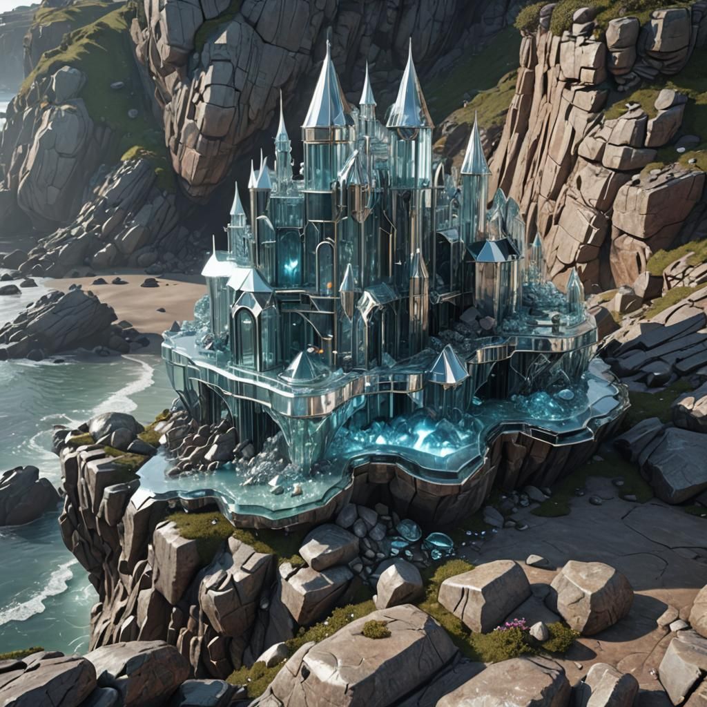 Futuristic Glass Castle on a Cliff in Sci-Fi Style