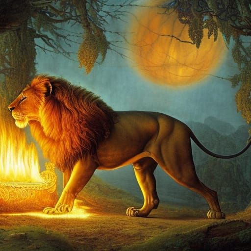 Fiery Lion Fantasy Art in Steampunk Style