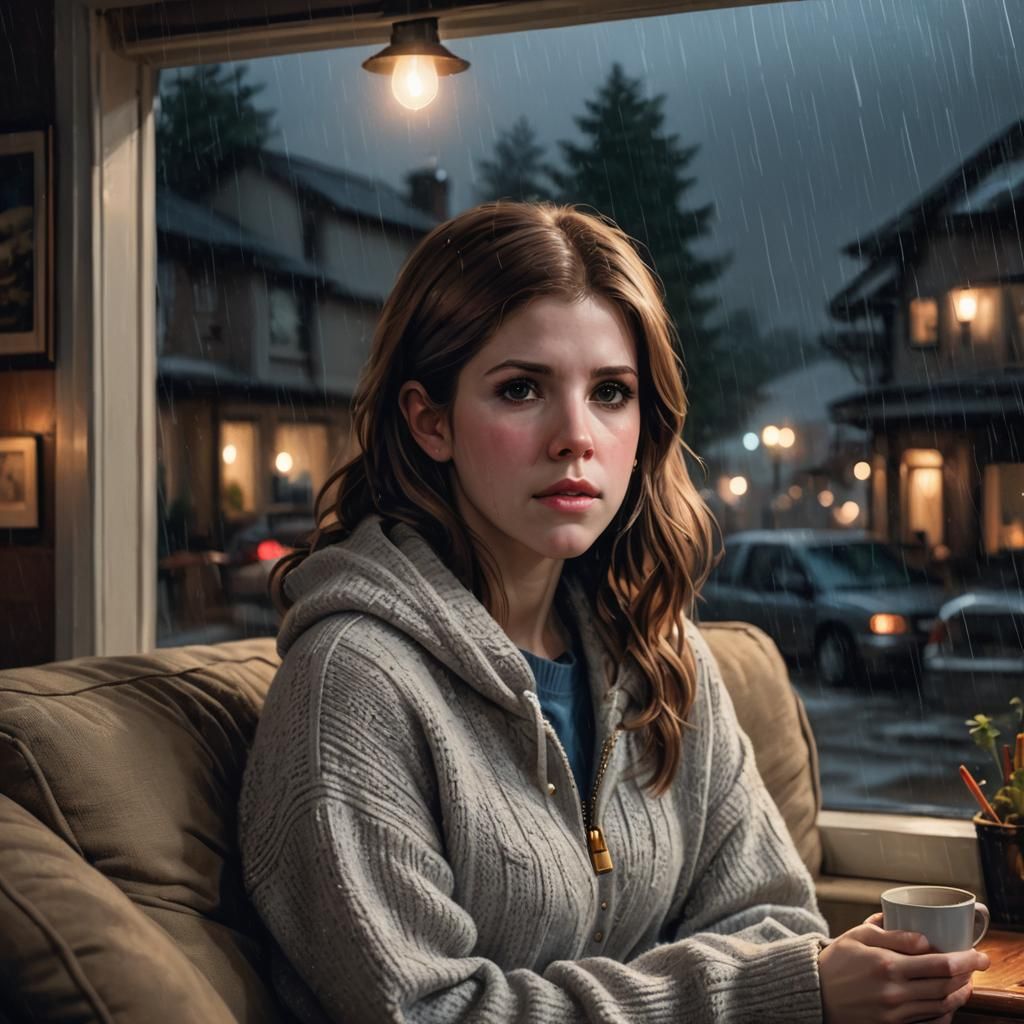 Cozy Rainy Night Portrait in Hyperdetailed Style