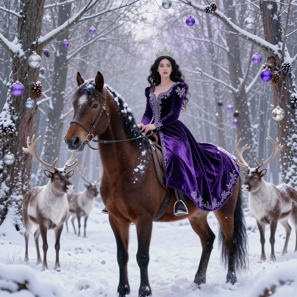 Fairytale Queen on Horse in Snowy Forest