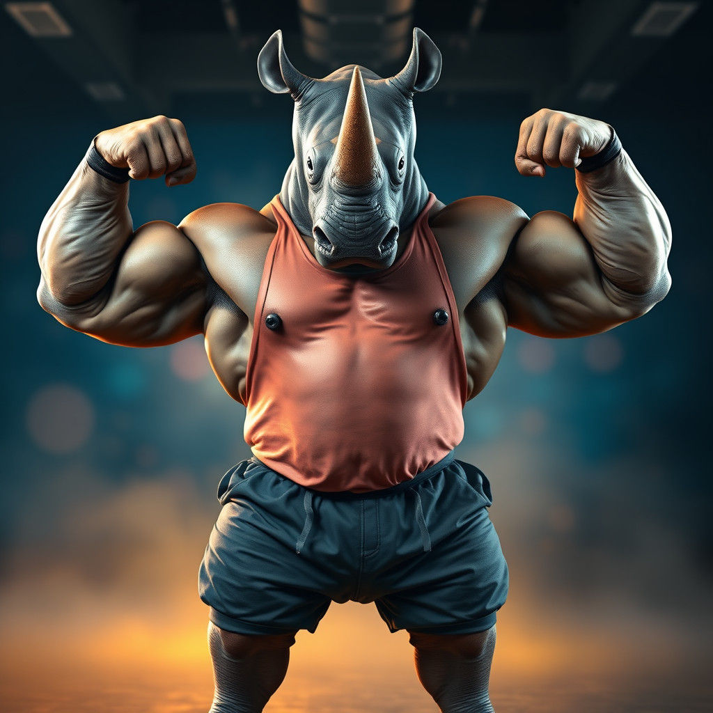 Muscular Rhino Bodybuilder in Dimly Lit Gym