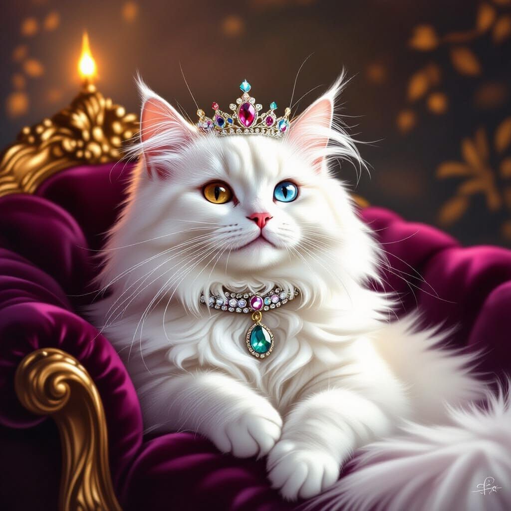 Regal White Cat in Kingly Bed, Ethereal Art Style