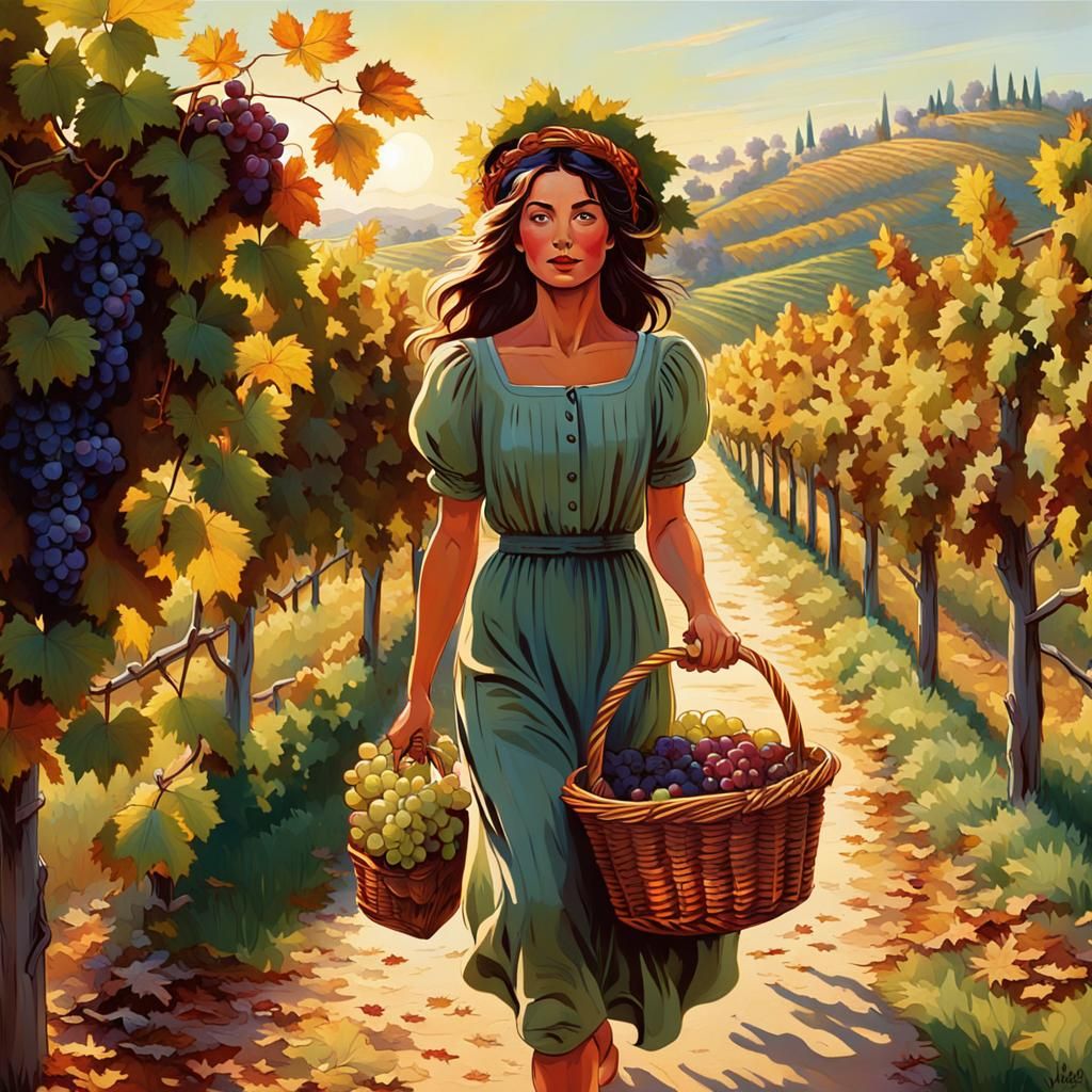 Italian Girl's Autumn Grape Harvest: Comic Book Art