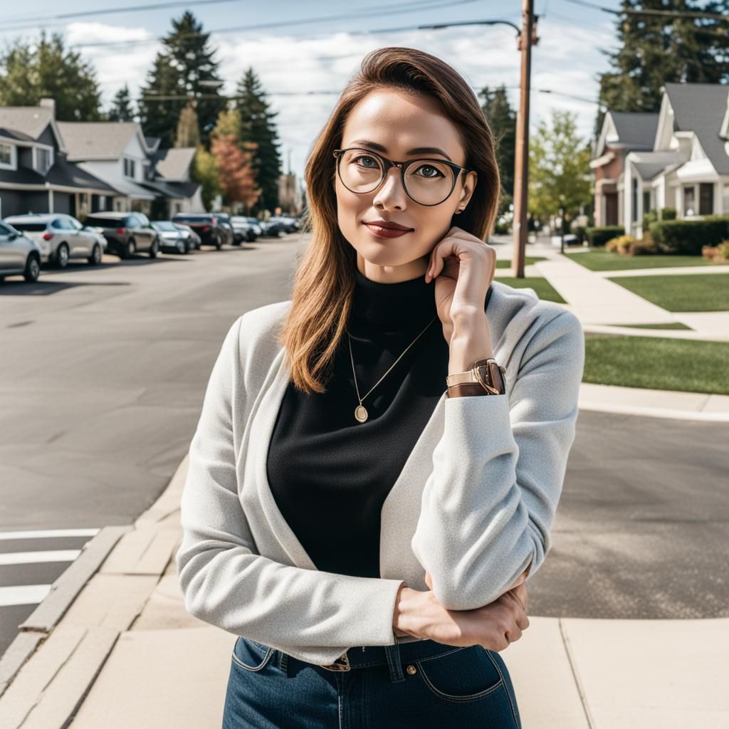 Young Woman in Business Casual on Street Corner