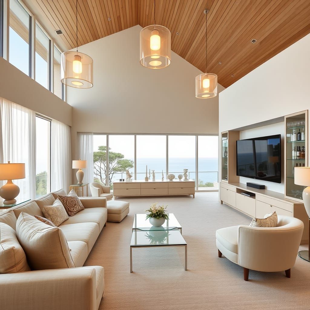 Sleek Modern Living Room with High Ceiling and Warm Golden L...