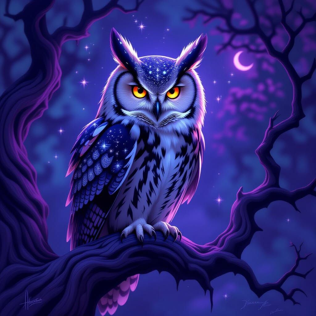 Majestic Ink Owl on Ancient Branch in Dark Fantasy Style