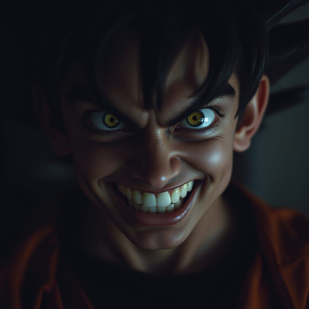 Son Goku's Haunting Close-Up Portrait in a Dark, Moody Style
