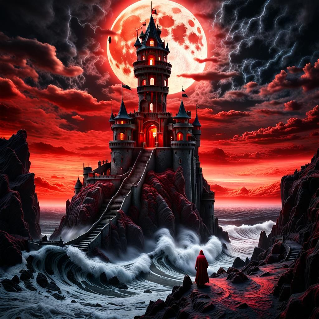 Eerie Castle Under Blood Moon in Wasteland