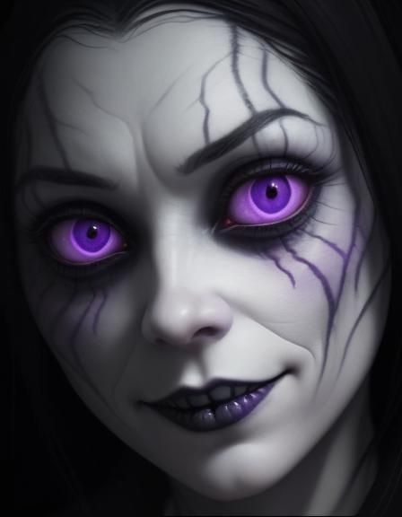 Creepy woman with black hair and purple eyes and Cheshire cat smile and cracked porcelain white skin with a gray overton...