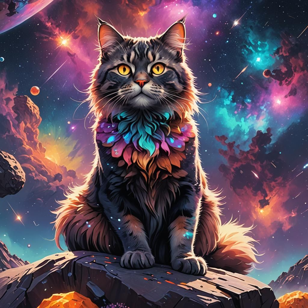 Majestic Galaxy Cat Amidst Nebulae in Fantasy Art
