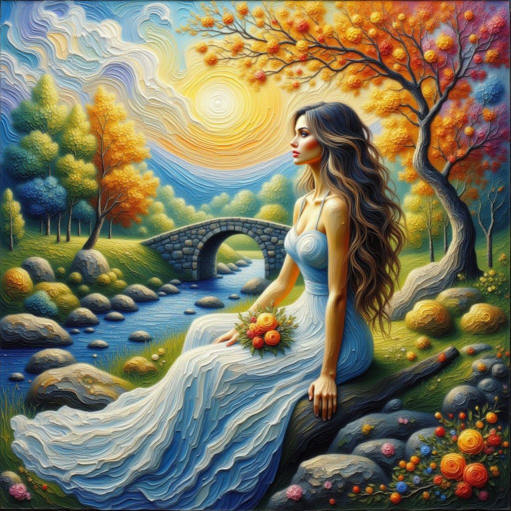 Serene Woman by River in Textured Impasto Style