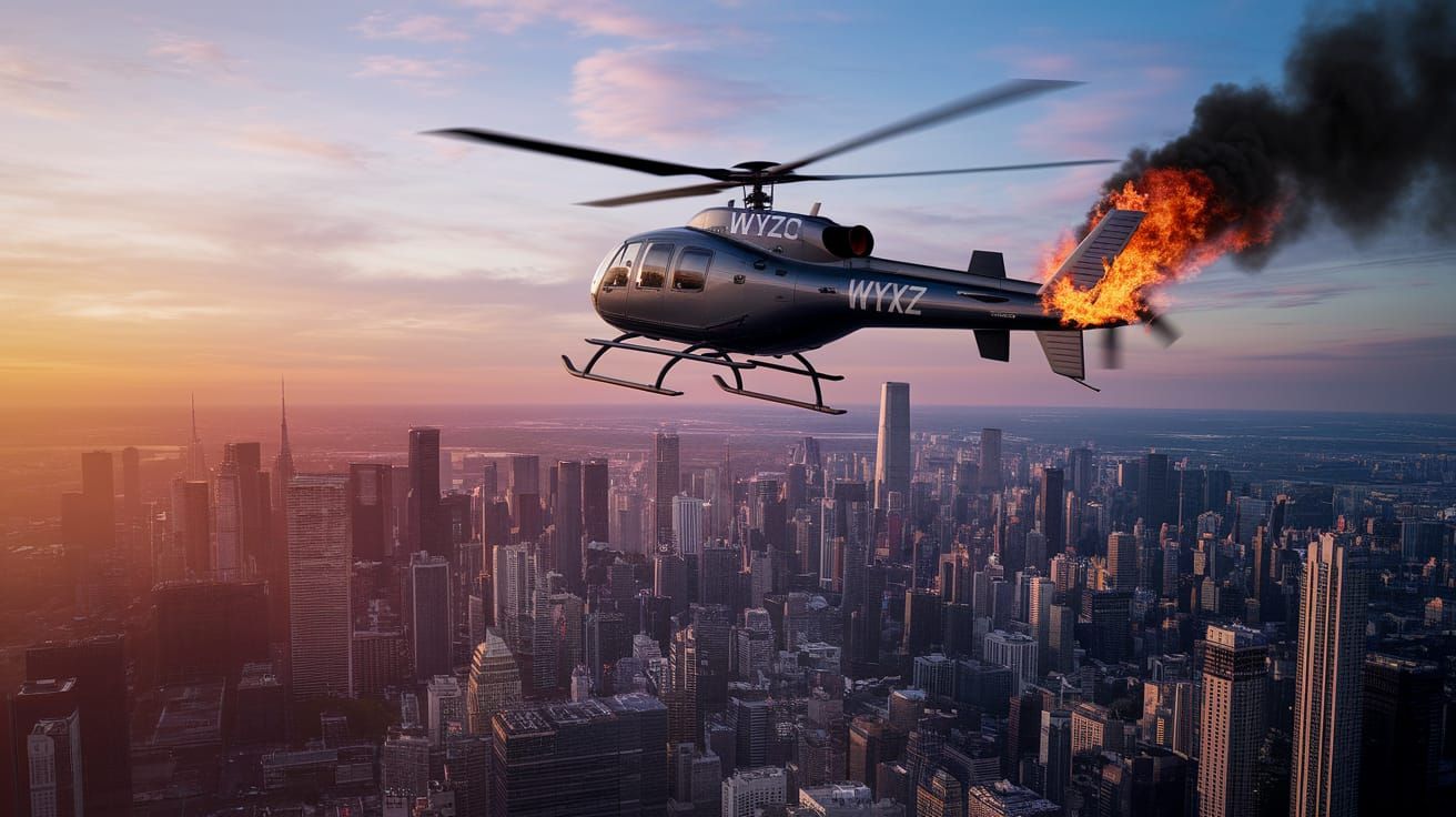 Dramatic News Helicopter Crash in Hyperrealistic Style