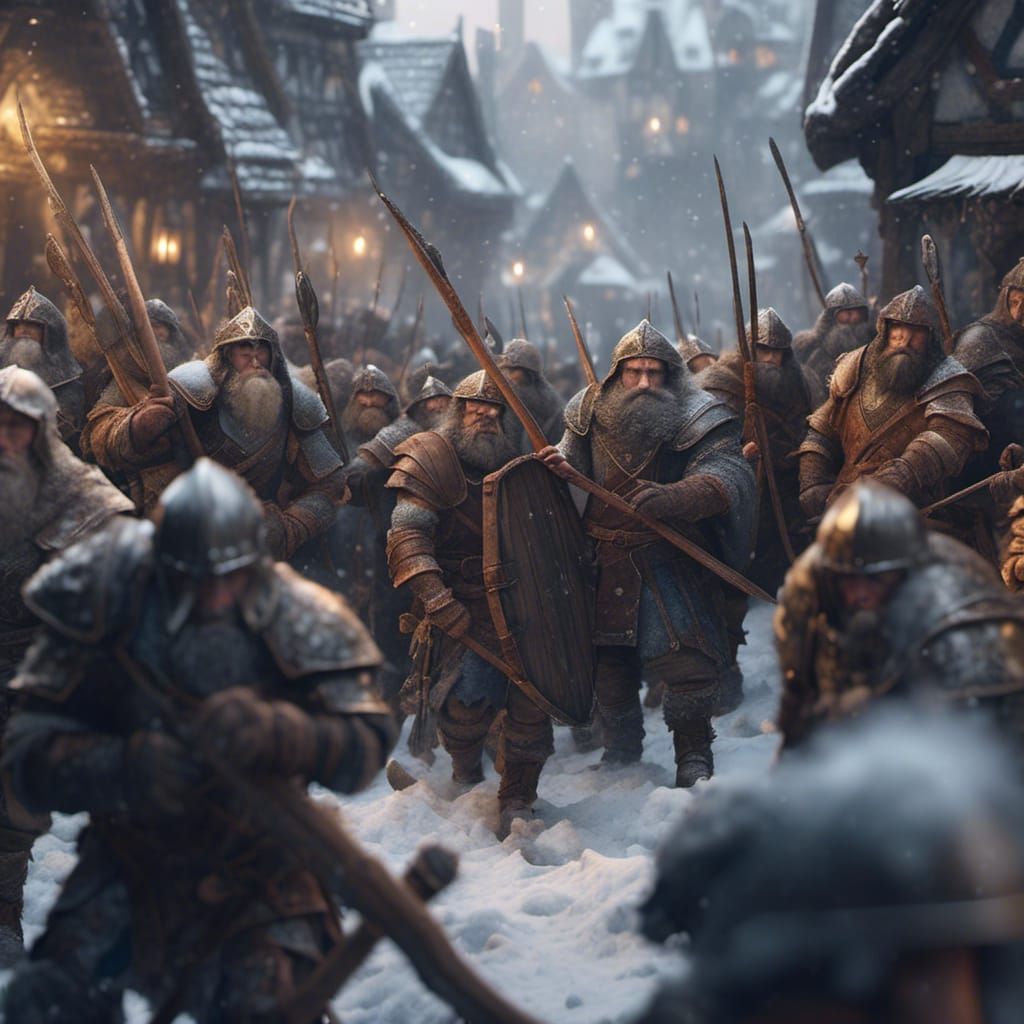 Dwarven Defenders on Snowy Medieval Street