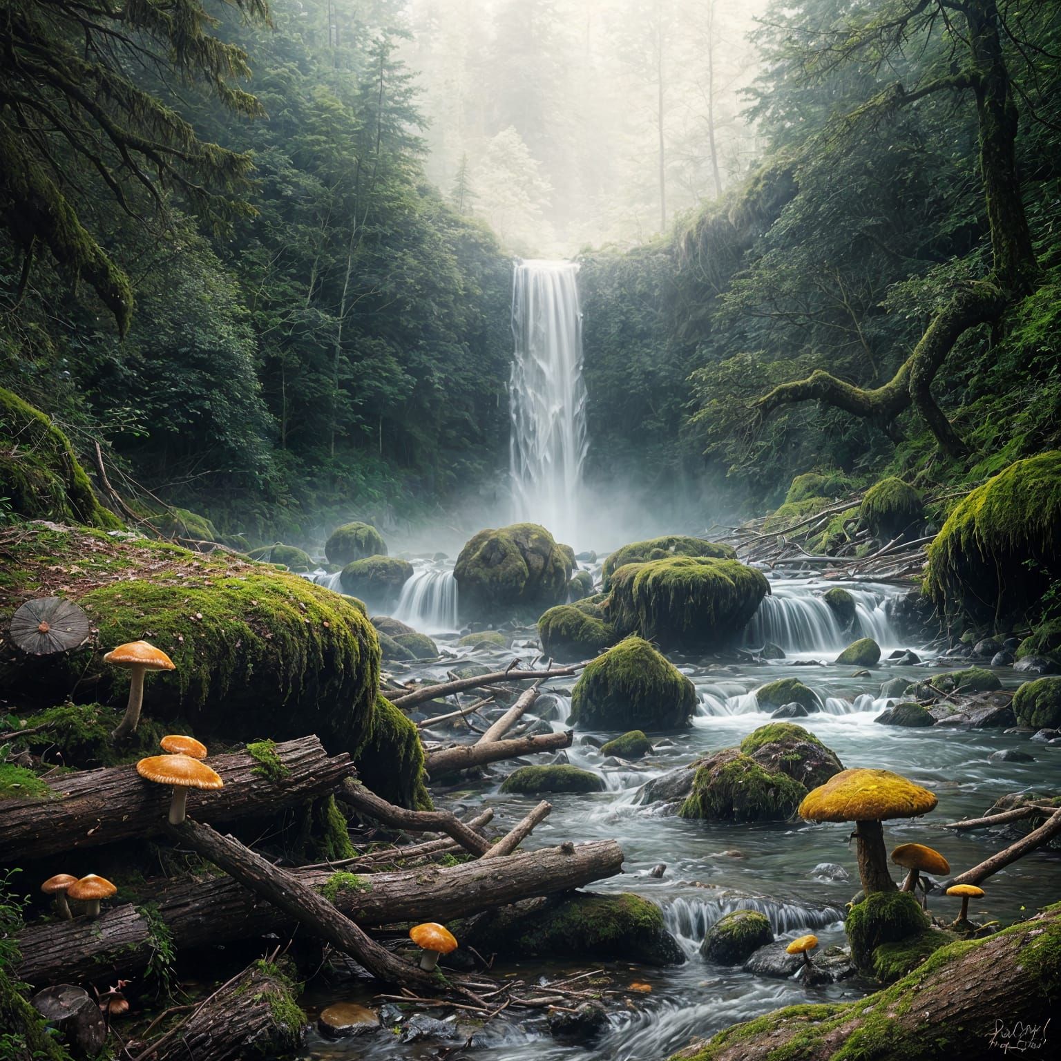 Misty Mountain Waterfall in a Serene Forest Setting