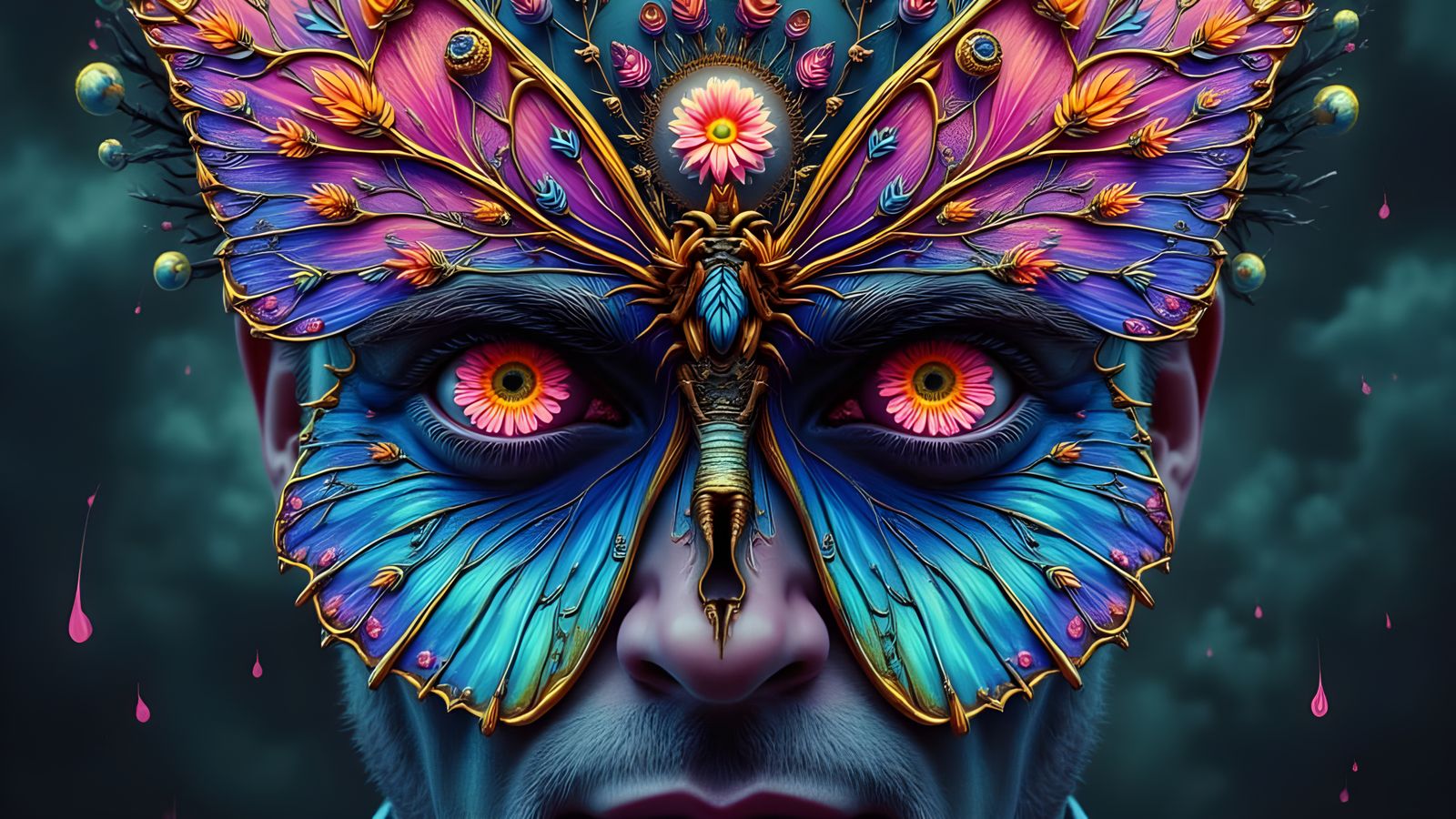 Fractal Man with Dragonfly Features and Butterfly Wings