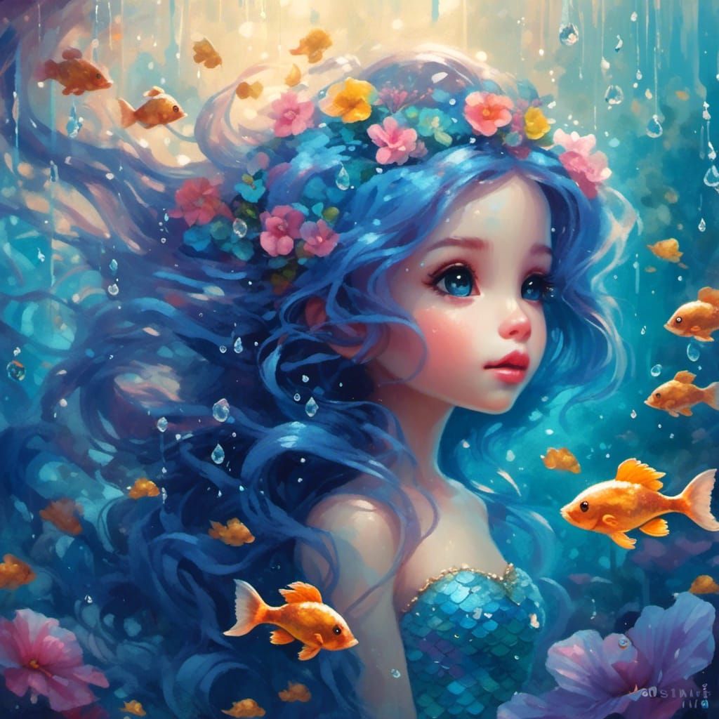 Mermaid with Blue Hair in Ethereal Fantasy Style