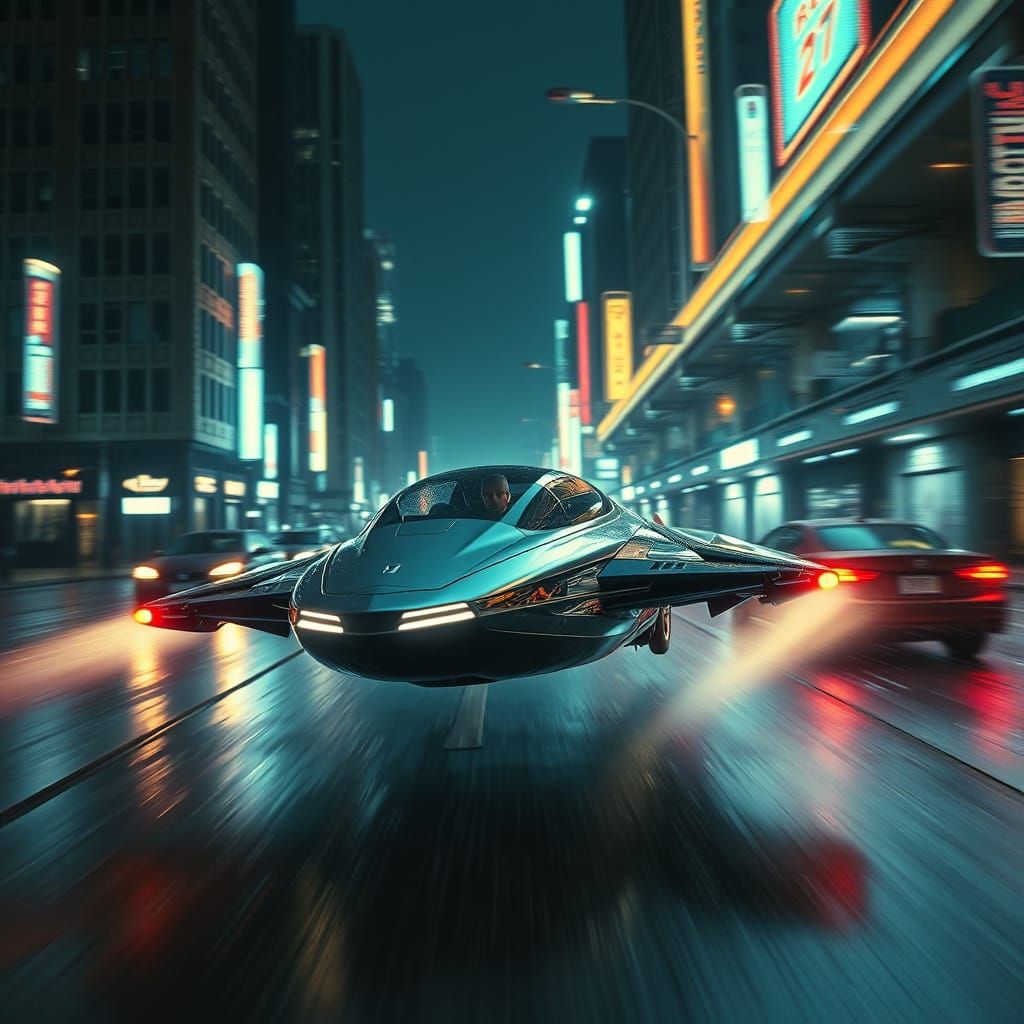 Futuristic Flying Car Races Through Neon Cityscape