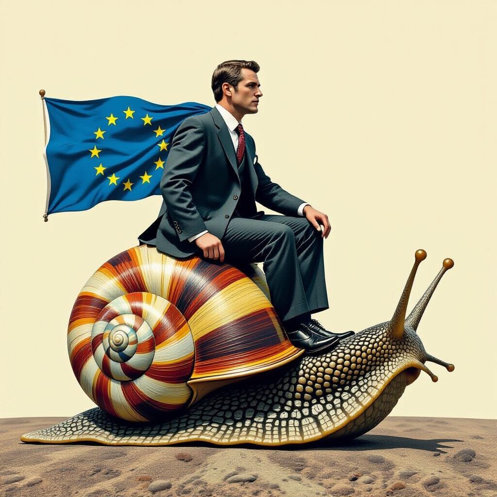 Man in Europe Flag Suit Rides Giant Snail in Dadaist Collage...