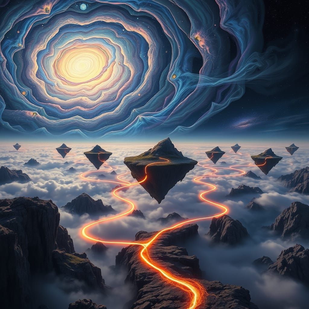 Dreamlike Landscape with Floating Islands Under Nebulae Sky