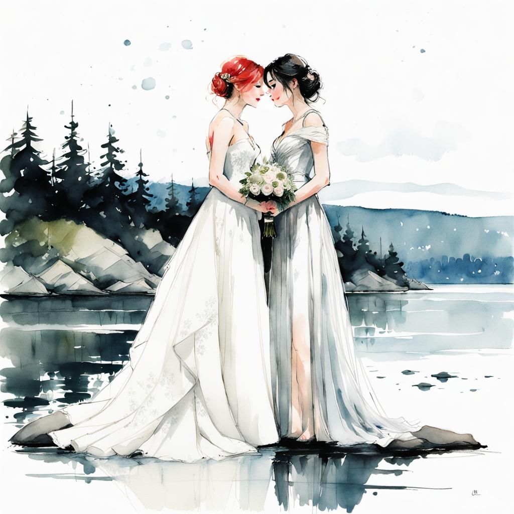 Romantic Lakeside Lesbian Wedding in Watercolour Style