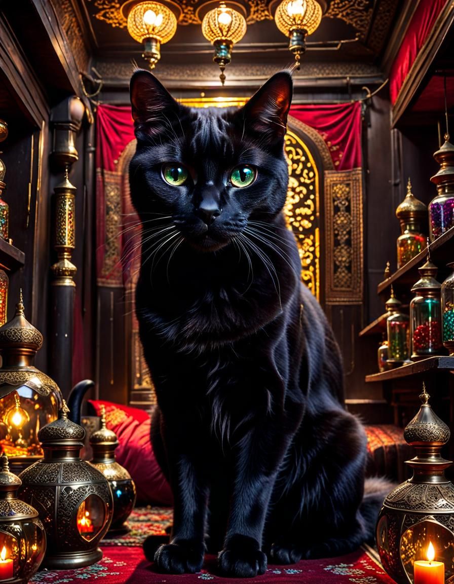 Black Cat in Opium Den: Hyperdetailed Maximalist Art