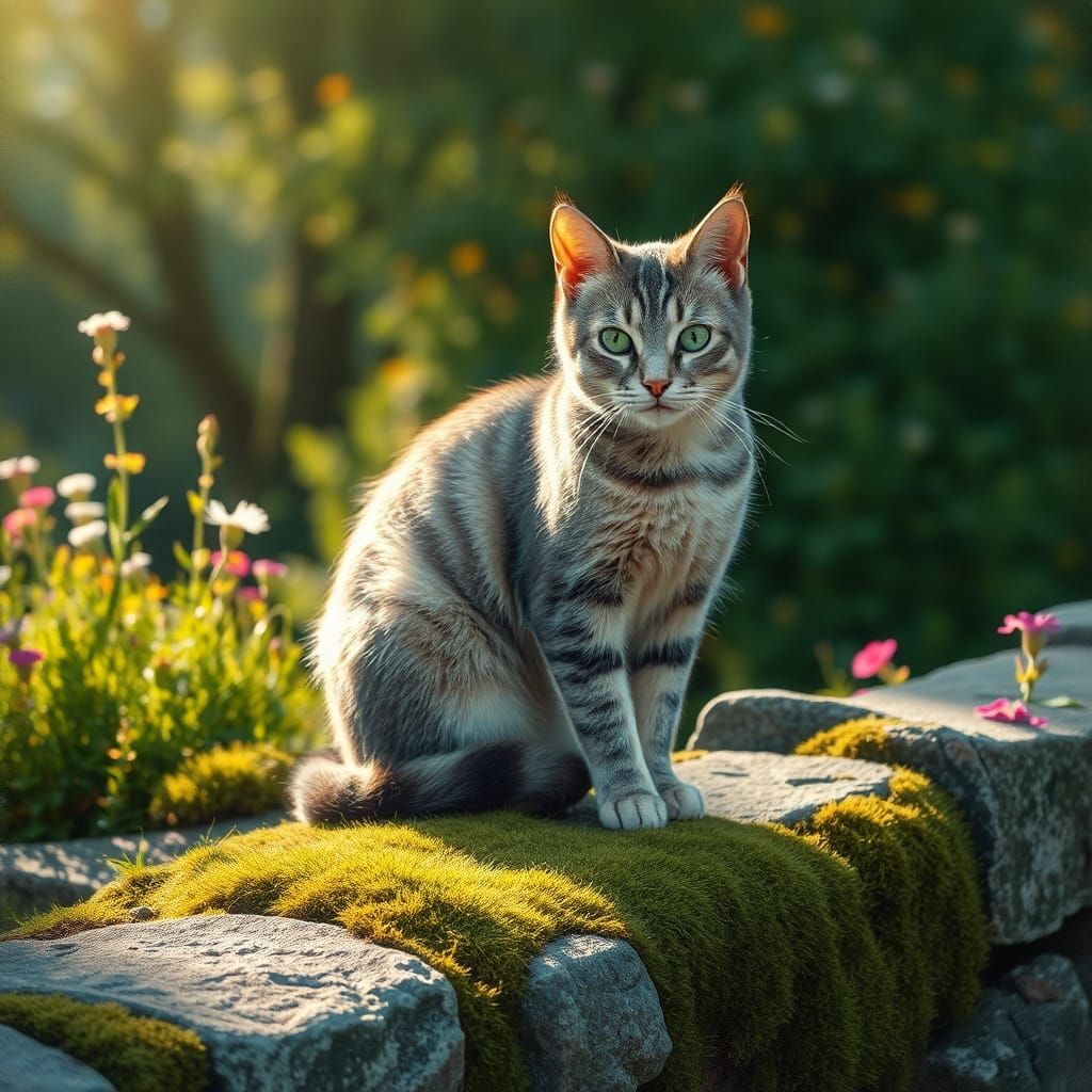 Cat on Stone Wall in Romantic Style