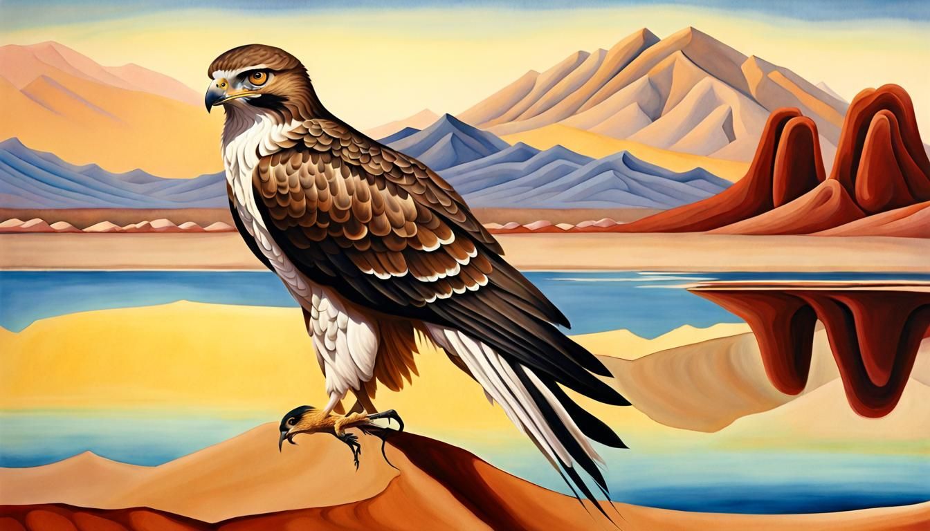 Hawk by Desert Lake in O'Keeffe Style