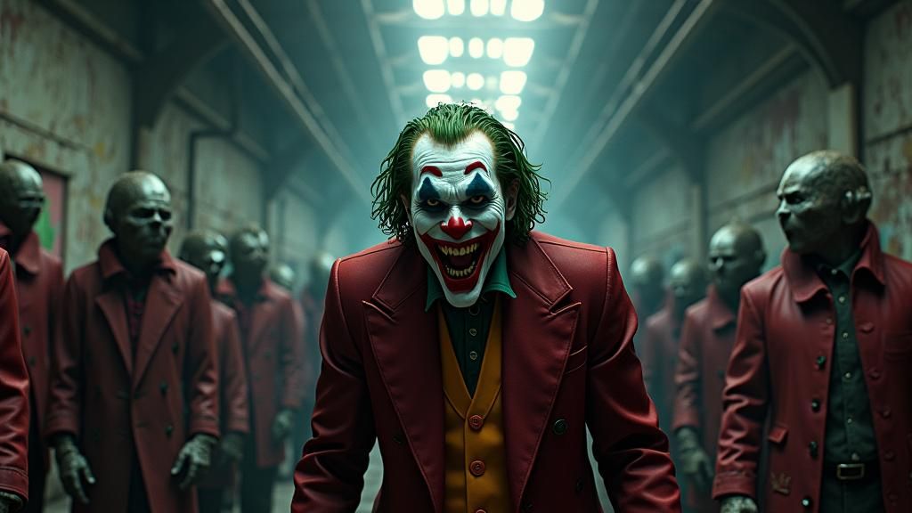 Joker Orchestrates Chaos in Abandoned Warehouse: Digital Art