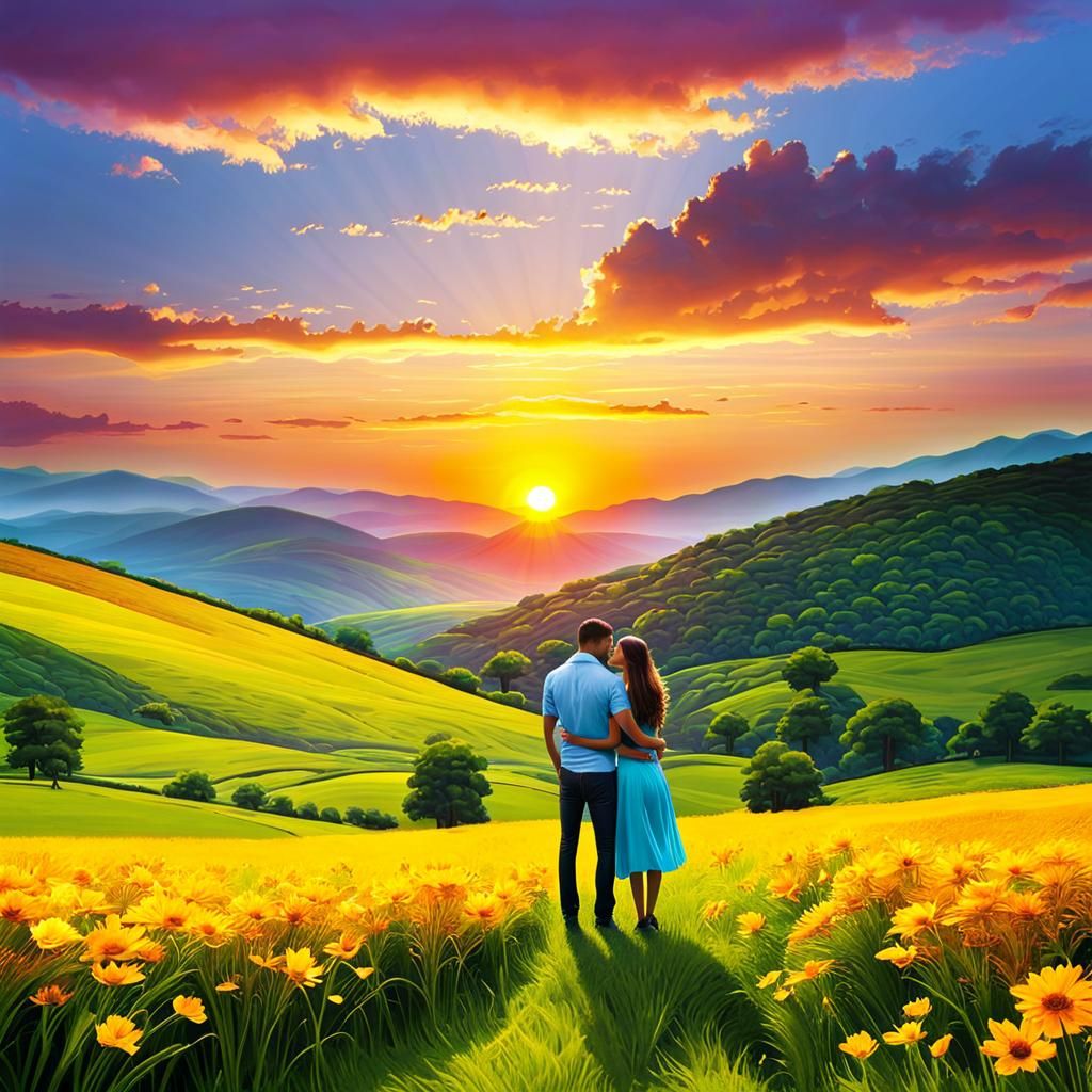 Romantic Sunset Landscape with Two Lovers